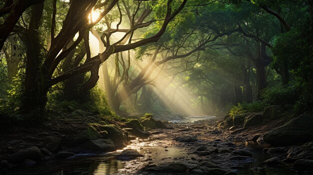 a beautiful sunset in a forest in portugal