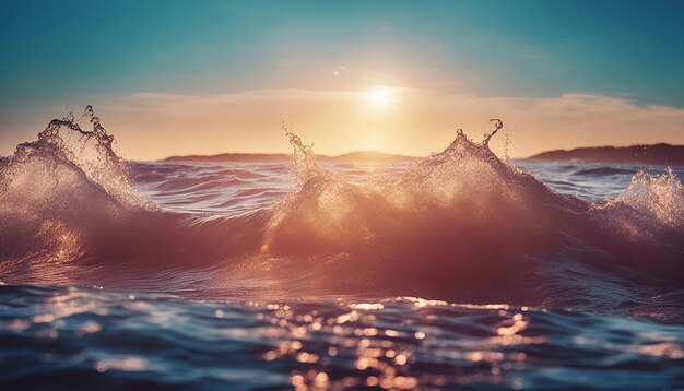 Фото Красивый закат в море с волнами и брызгами воды