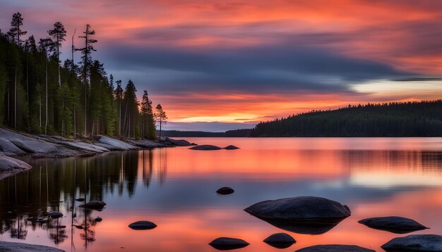 Photo a beautiful sunset is reflected on a lake with rocks and trees