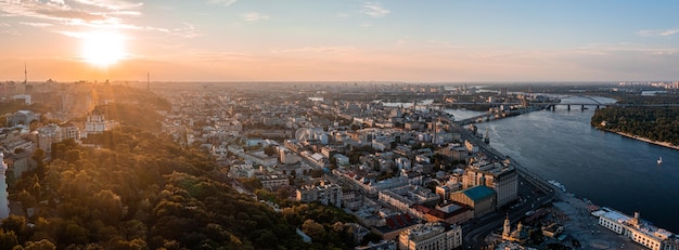 Beautiful sunset over kyiv city from above