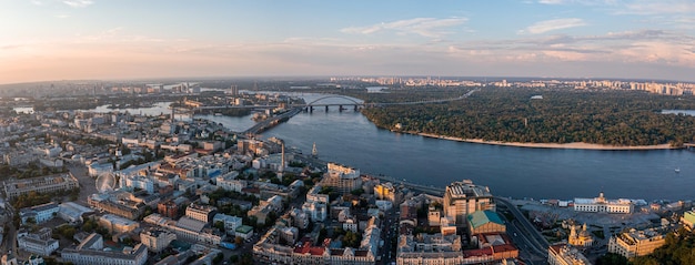 Beautiful sunset over kyiv city from above