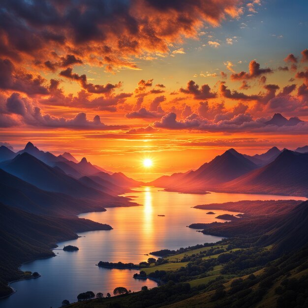 美しい夕暮れ 湖の上の美しい夕暮れは 湖の上の夕暮れは 山の上の湖の上の