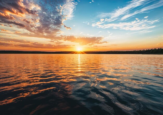 Beautiful sunset over the lake Dramatic sky Nature composition