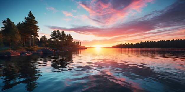 Photo beautiful sunset on the lake landscape with a lake