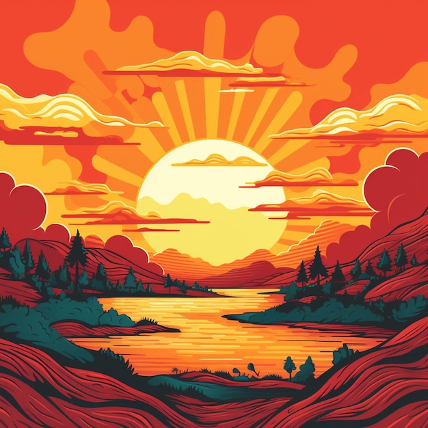 Beautiful sunset over the lake Vector illustration in retro style