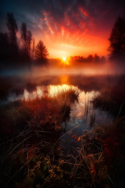 A beautiful sunset over a lake with a lake in the foreground.