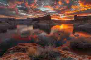 Photo a beautiful sunset over a lake with mountains in the background