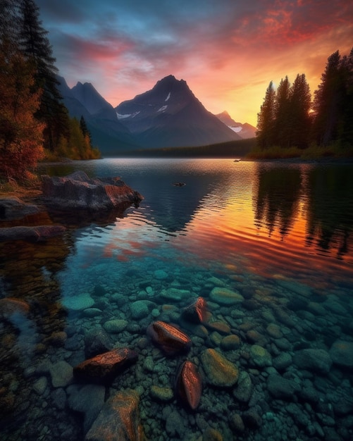 A beautiful sunset over a lake with mountains in the background.