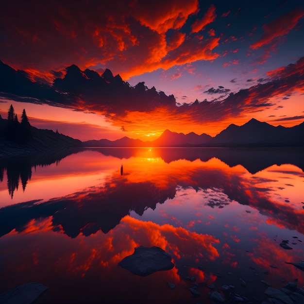 beautiful sunset over a lake with mountains in the background