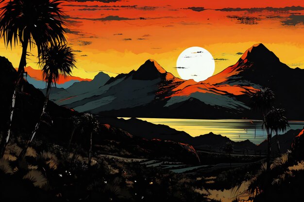 Beautiful sunset over the lake with mountains and palm trees illustration