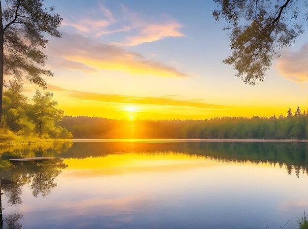 森のある湖の美しい夕暮れの風景