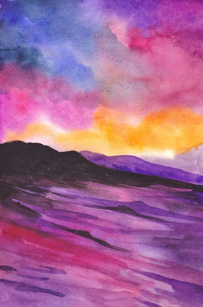 beautiful sunset landscape watercolor painting background