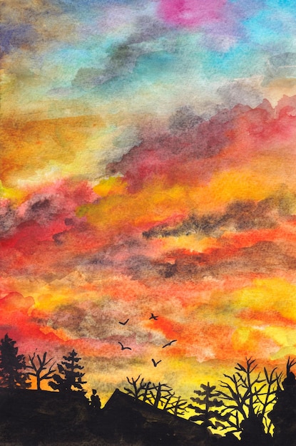 A beautiful sunset landscape watercolor painting\
background