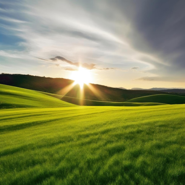 Beautiful sunset landscape with green field