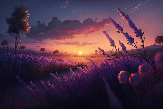 Beautiful sunset among lavender fields Generative ai