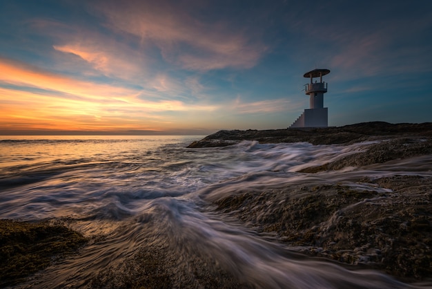 Beautiful sunset of lighthouse in Phangnga, Thailand.