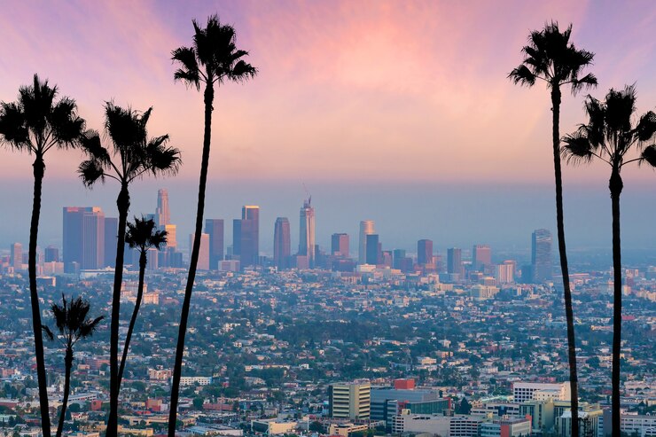 Photo beautiful sunset of los angeles downtown skyline in ca, usa