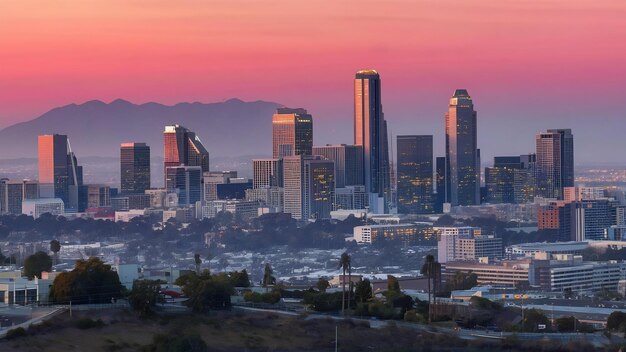 Beautiful sunset of los angeles downtown skyline in ca usa