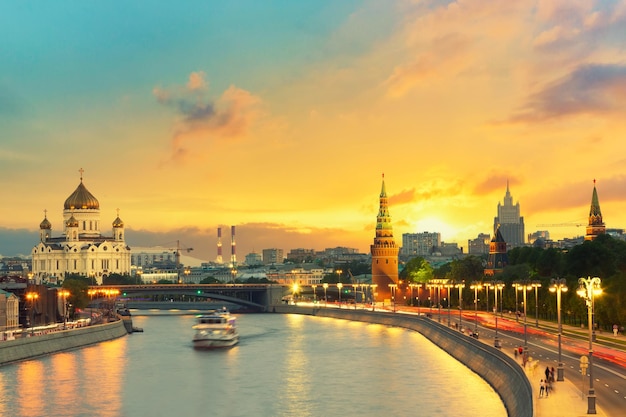 beautiful sunset over the moscow river, cathedral of christ the saviour and embankment of the kremlin. summer sunset in moscow, russia.