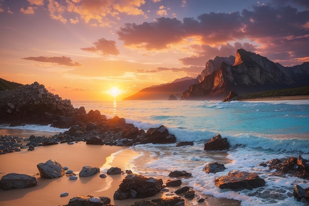 Beautiful sunset over mountain around beach sea ocean and rock