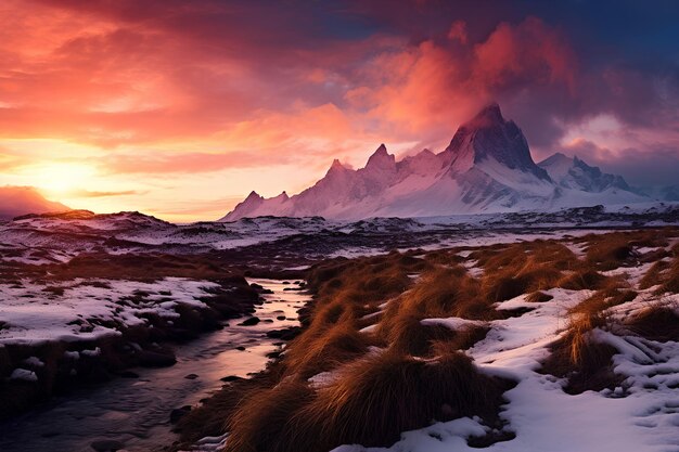 A Beautiful Sunset over a Mountain with SnowCapped Peak