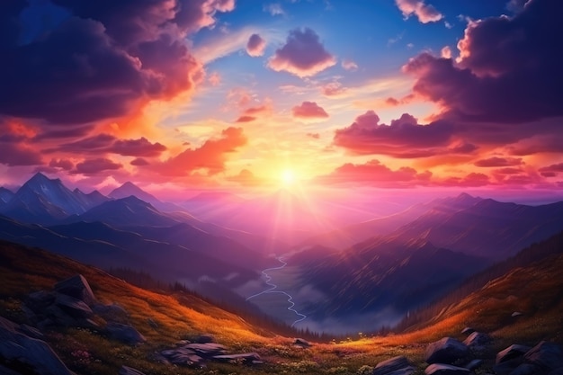 Beautiful sunset in the mountains Fantastic summer landscape Landscape beautiful sunset in the mountains Sunset at the top of hike sunset in the valley AI Generated