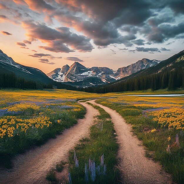 Foto bellissimo tramonto sulle montagne