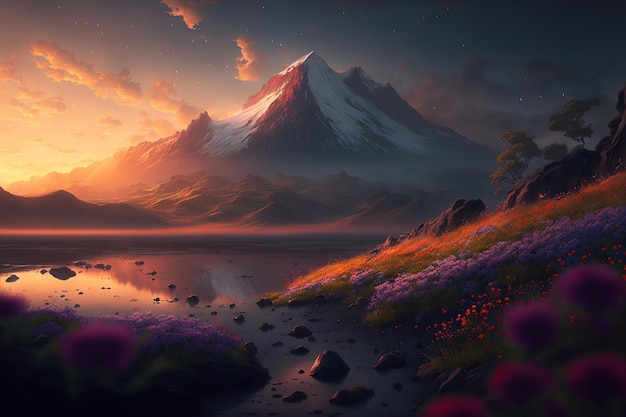 山に沈む美しい夕日