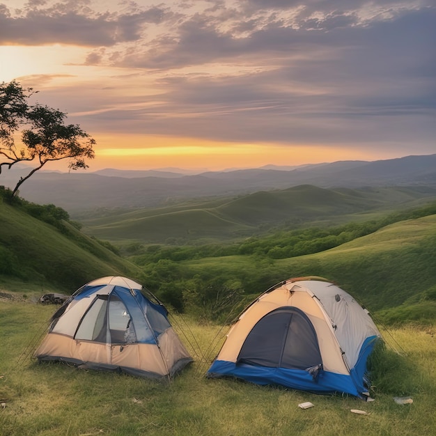 美しい山の夕暮れ キャンプのテント