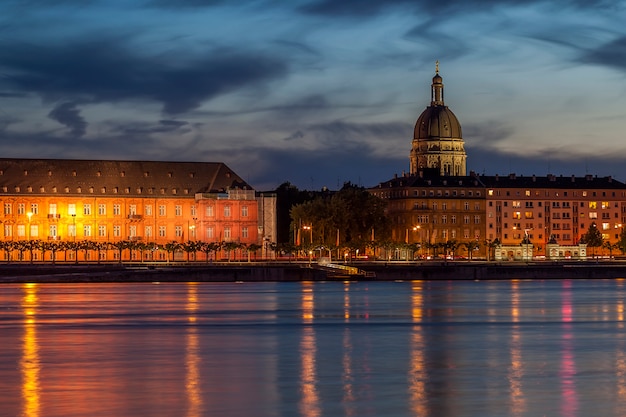 Beautiful sunset night over Rhine / Rhein river  in Mainz near Frankfurt am Main, Germany.