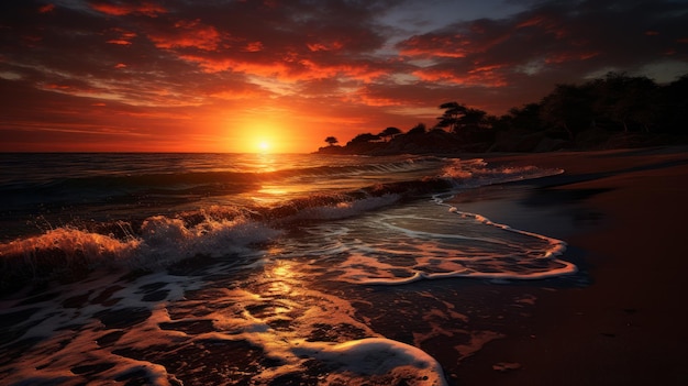 Beautiful sunset on ocean beach sky is reflecting at water