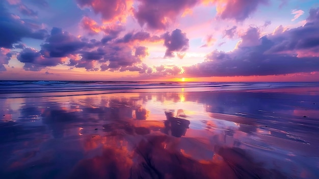 Прекрасный закат над океаном небо имеет градиент фиолетово-розового и желтого цвета, а вода - глубокого синего цвета.