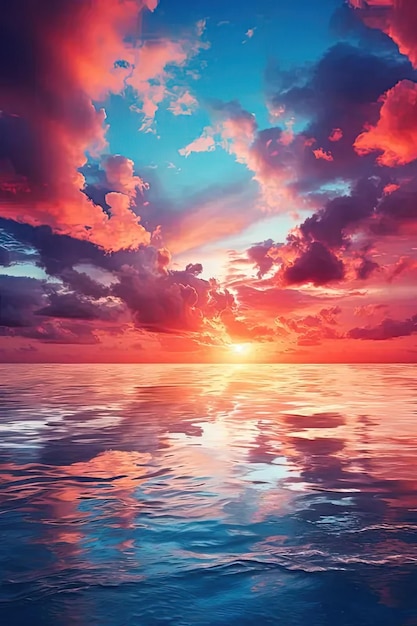 a beautiful sunset over the ocean with clouds