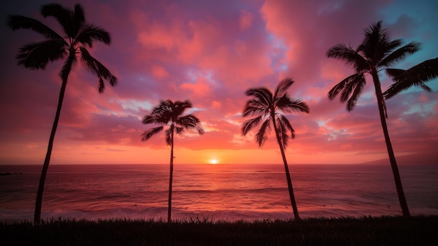 A beautiful sunset over the ocean with palm trees in the background