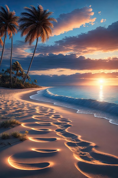 Beautiful sunset over the ocean with palm trees on the sandy beach