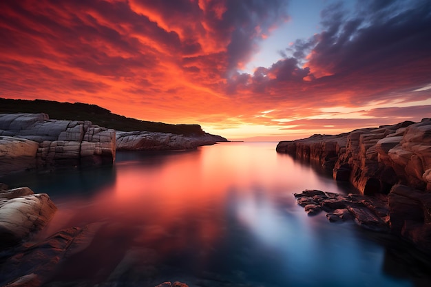 a beautiful sunset on the ocean with rocks