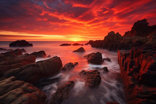 a beautiful sunset on the ocean with rocks