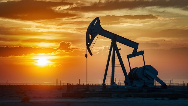 Beautiful sunset over oil field with pump jack