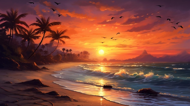 Beautiful sunset painting beach birds flying painting wallpaper picture Ai generated art