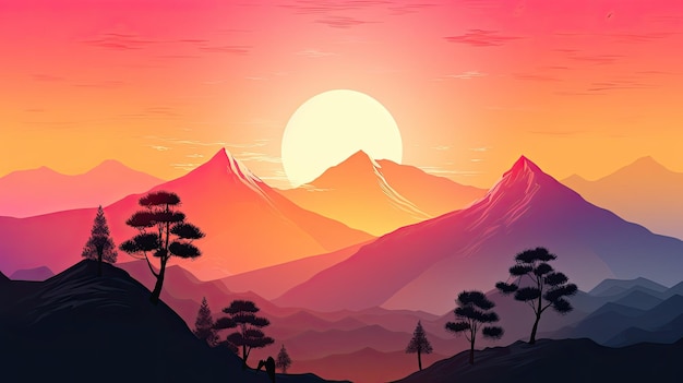 사진 산의 태양과 나무가 있는 아름다운 일몰 그림