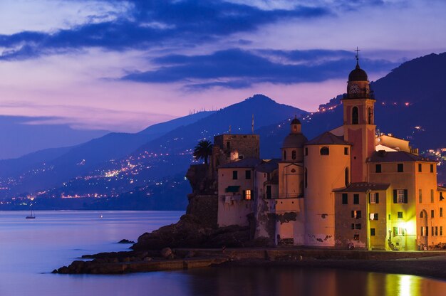 Beautiful Sunset on the Pebble Beach in Camogli near Genoa, Italy