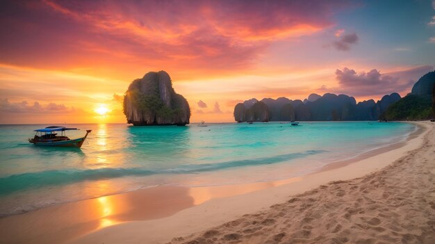 beautiful sunset on phi phi beach thailand