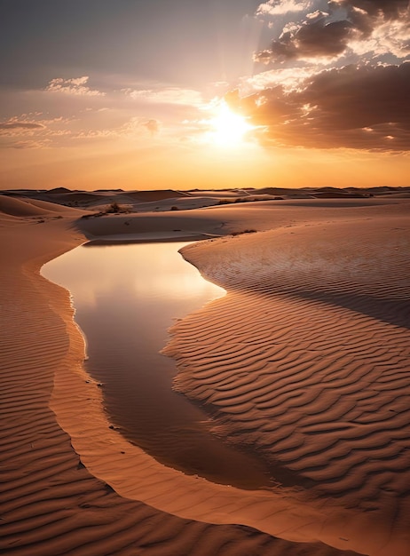 a beautiful sunset reflects in a sandy beach with a white sand