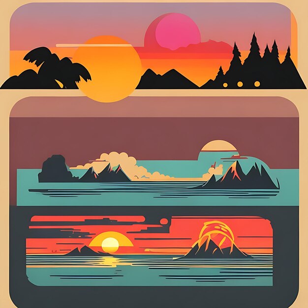 Beautiful sunset retro icons