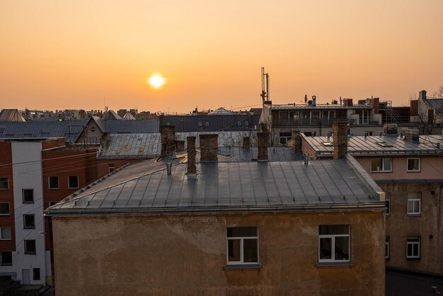 Beautiful sunset over Riga, Latvia. Old buildings of the city. The capital of Latvia.