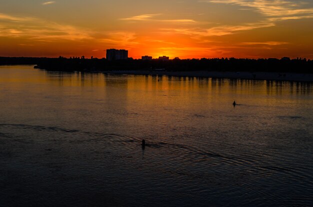 Beautiful sunset over the river Dnieper on spring