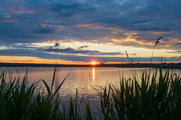 Beautiful sunset on the river, with reeds in the foreground, the setting sun in the form of an asterisk with rays and reflections