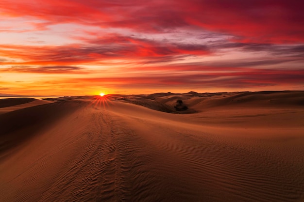 Beautiful sunset over the sand dunes in the Arabian Empty Quarter Desert UAE