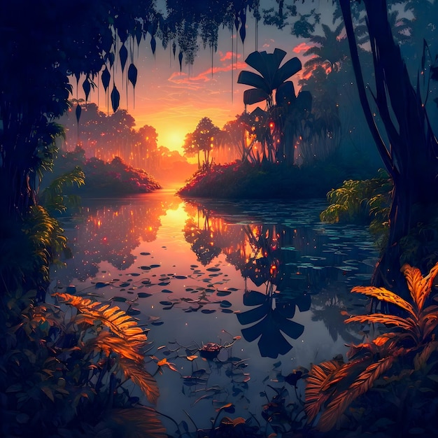 Beautiful Sunset Scenery amazon jungle illustartion