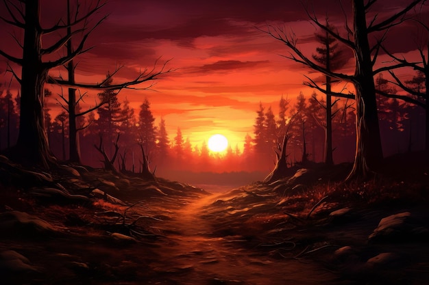 美しい夕日の風景の森